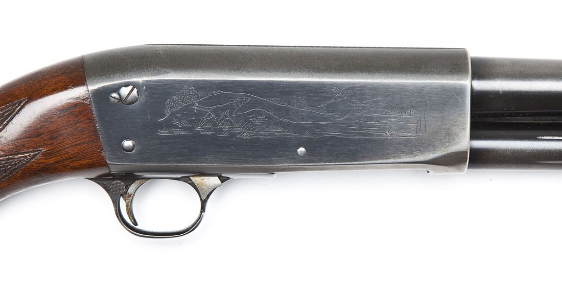 Ithaca Model 37 Shotgun - 20 Ga.: SERIAL #: 370369 DESIGN: Pump action with tubular magazine. 27" modified choked barrel including the Poly Choke system installed on the end of the barrel. Chambered for 2-3/4" shells. MATERIAL/FINISH