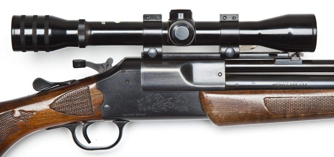 Savage Model 24V-A Rifle/Shotgun - .222 Rem/20 Ga.: SERIAL #: 22515 DESIGN: Hammer operated top lever over/under. 24” barrels. Shotgun barrel chambered for 2-3/4" and 3" shells. MATERIAL/FINISH COMPOSITION: Blued steel. Checkered wood Monte Carlo sty