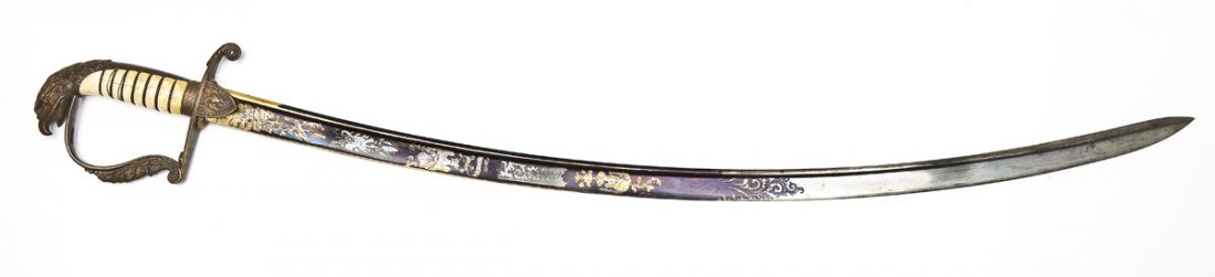 Early 19th Century A.W. Spies Marked Saber: DESCRIPTION: Early 19th century saber. Gilded and blued blade imported by A.W. Spies circa 1820-1835. Raised spine on back edge of blade. Wire wrapped ivory grip. Brass hand guard and eagle head pomme