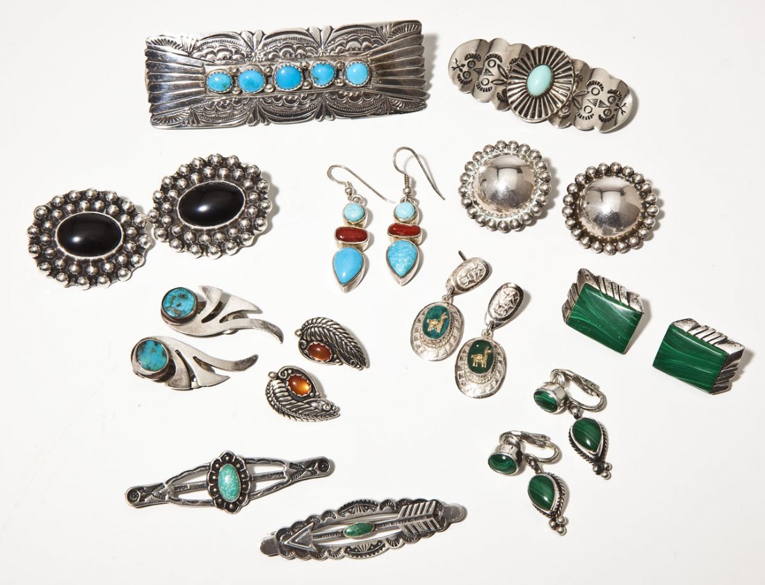 12 Pcs Native American & Mexican Silver Jewelry: DESCRIPTION: Twelve pieces of Native American and Mexican silver jewlery. Includes: 1) Pair of 1" diameter clip earrings marked "USA Sterling W Yellowhorse CRJ". 2) Pair 1-1/4" x 1-1/8" clip earrings 