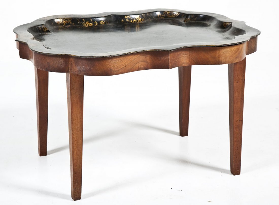 Tole Tray Table: DESCRIPTION: 18th/19th century tole tray table with gilt decoration. Custom made formed wood base of later period. MEASUREMENTS: 31" x 18-1/4" x 23-1/2" high. CONDITION: Tray with wear as expected wit