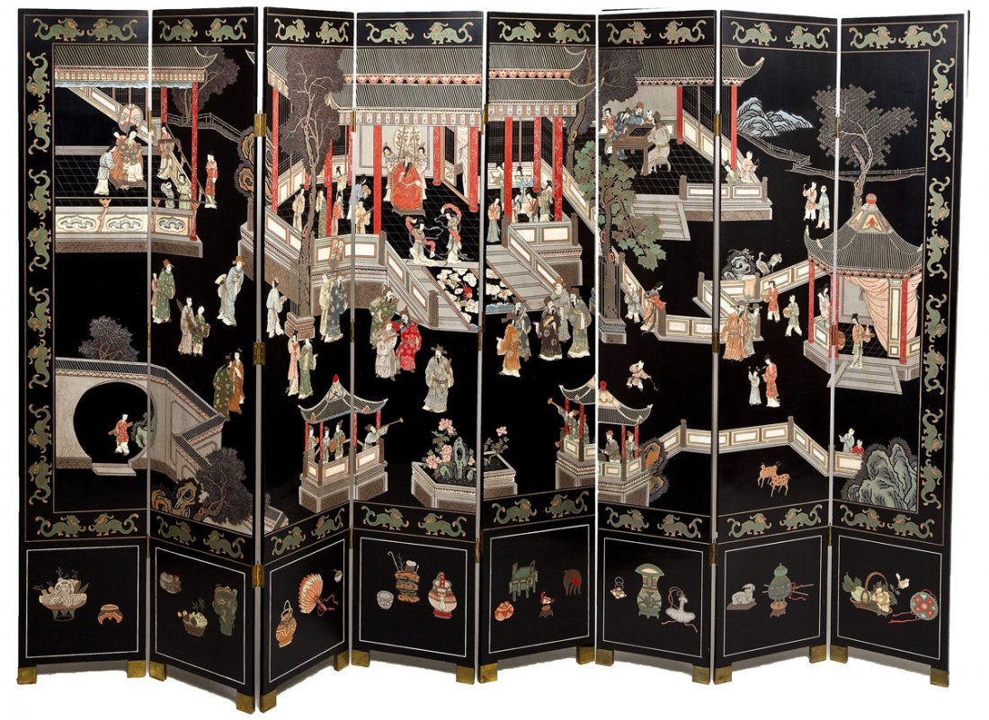 Chinese Lacquered 8 Panel Screen: DESCRIPTION: Large Chinese incised and lacquered eight panel screen. Front with scene of pagodas and figures in various pursuits. The back with various animals amongst foliage. With label "Made in Hon