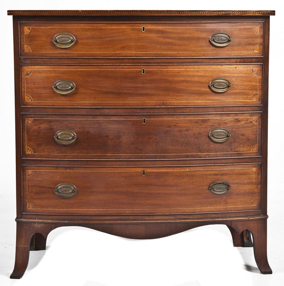 Harold Sack Reproduction Federal Chest of Drawers: DESCRIPTION: Satinwood and mahogany reproduction Federal Hepplewhite chest of drawers. The chest consisting of four conforming drawers each with corner inlaid fans and string inlays. The case with dus
