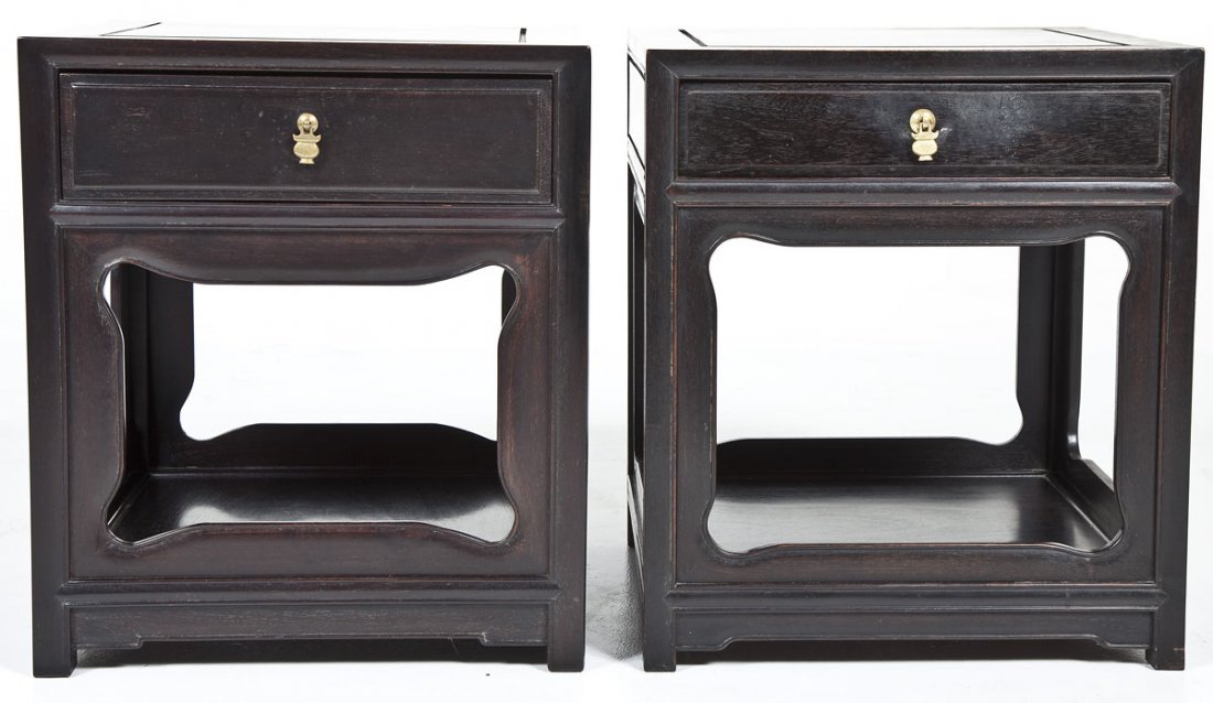 Pair of Chinese End Tables: DESCRIPTION: A matched pair of Chinese mid-20th century end tables. Each one consisting of a two tier stand made of fine and dense rosewood. The drawers with small cast Chinese pagoda brasses on each.