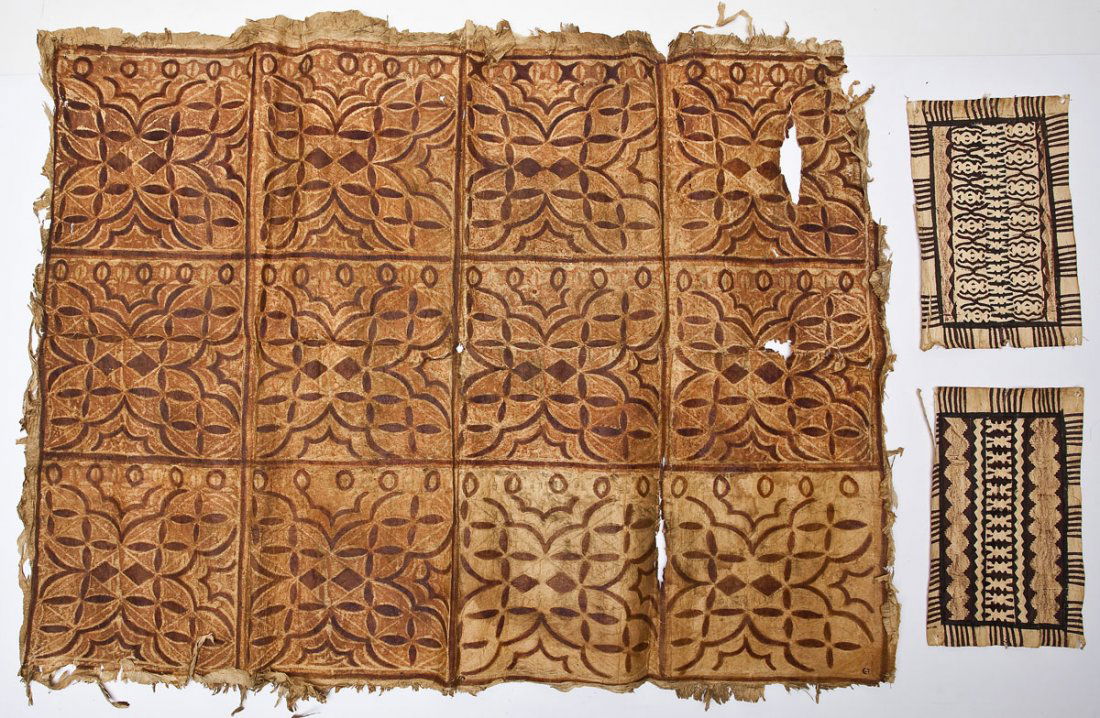 3 Vintage Oceanic Painted Tapa Cloths: DESCRIPTION: Three vintage Oceanic painted tapa cloths. Includes: 1) Large tapa with repeating squares of geometric motifs in dark reds. 48" x 60". Fold marks and scattered small holes and losses. 2)