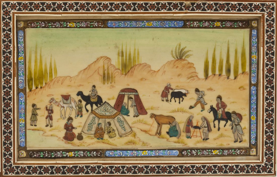 Middle Eastern Painting on Ivory: DESCRIPTION: Middle Eastern painting on ivory. Scene of nomadic tribe settling along river. Framed in mosaic frame and mounted on paper with painted floral border. MEASUREMENTS: 5-1/8" x 9-3/4". Overa
