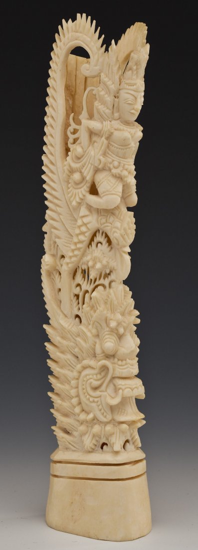 Indonesian Bone Carving of Deity: DESCRIPTION: Indonesian bone carving of a goddess riding a bird, possibly Saraswati. 20th century. MEASUREMENTS: 8-1/4" high. CONDITION: No defects noted.