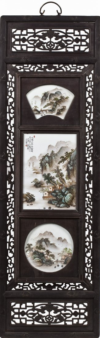 Chinese Porcelain & Wood Screen Panel: DESCRIPTION: Chinese porcelain and wood screen panel. Carved wood frame set with three painted porcelain panels of landscape scenes. Middle screen with calligraphy and seal marks. Brass hanging loop. 