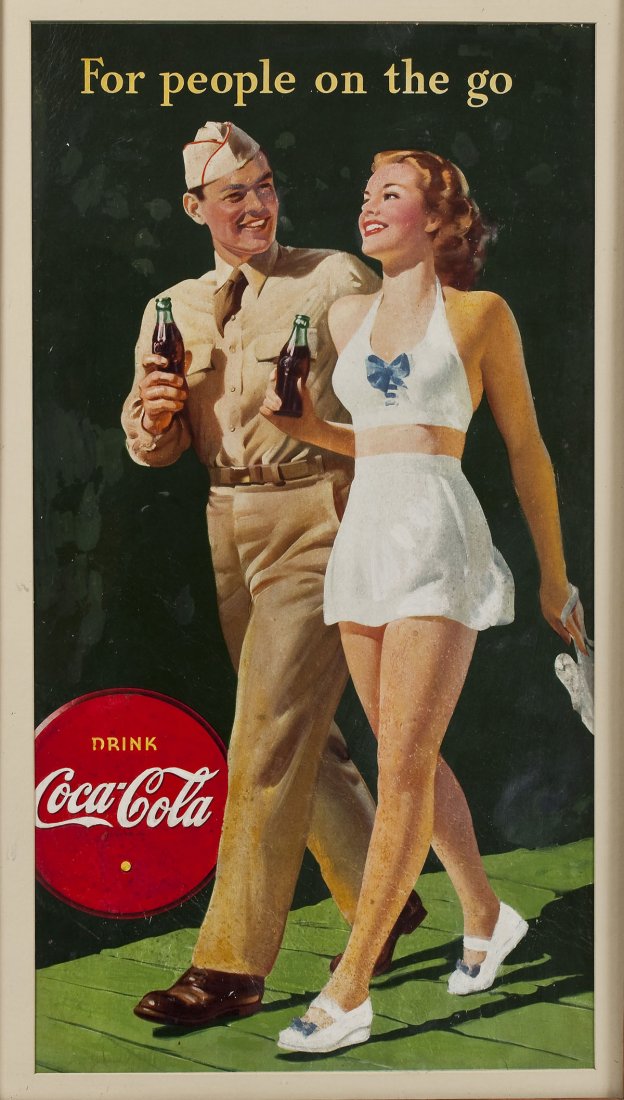 1940's Era Coca-Cola Poster: DESCRIPTION: 1940's era Coca-Cola poster. Image created for the Coca-Cola company in 1944, depicts a young soldier walking with his girl, enjoying a bottle of Coca-Cola. The top reads "For people on t