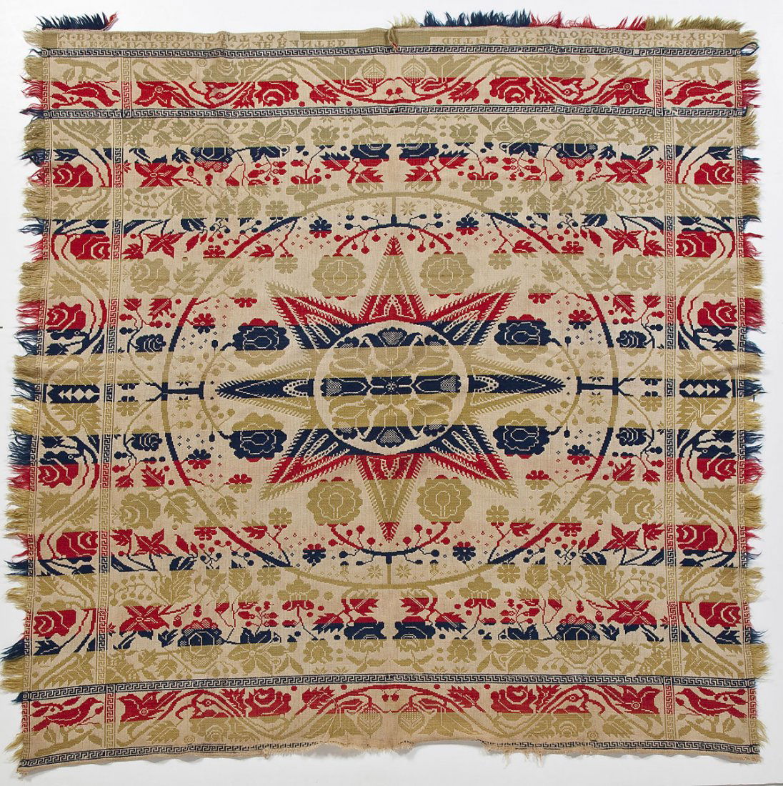 Jacquard Coverlet by H. Stager Mt. Joy: DESCRIPTION: A jacquard woven four color (blue, red, gold and white) coverlet with geometrics (Greek Key design), flowers and bird marked "Latest Improved and Warranted by H. Stager Mount Joy." Circa