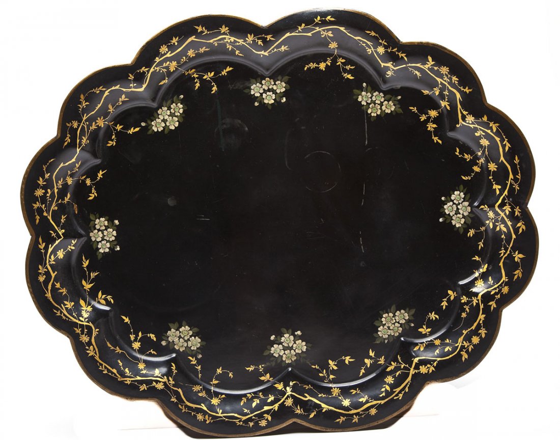 Very Large Tole Decorated Tray: DESCRIPTION: A very large tole tray with scalloped border decorated to border with gilt twining branches with polychrome flower bunches. 19th century. MEASUREMENTS: 30-1/4" x 25". CONDITION: Light ove