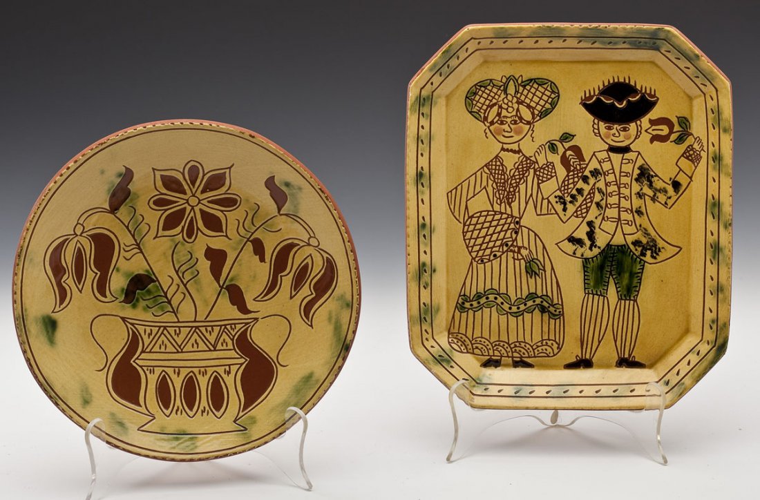 2 Pcs Breininger Pottery Sgrafitto Redware: DESCRIPTION: Two pieces Breininger Pottery redware with sgraffito decoration. Includes: 1) 10" x 11-3/4" octogonal tray with a couple in 18th century dress. Marked "Breininger Pottery W.V. Mackey Robe