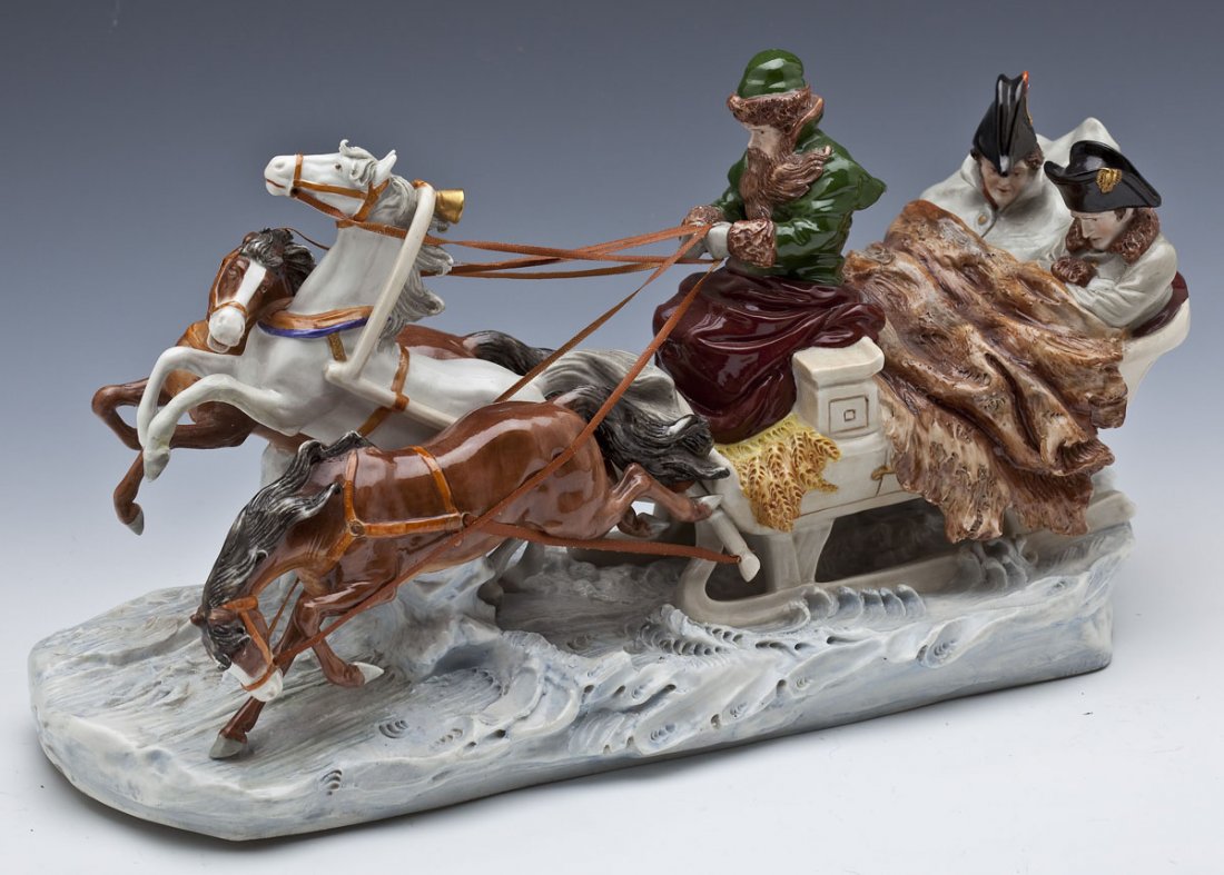 Scheibe-Alsbach Porcelain Napoleon Fleeing Russia: DESCRIPTION: Scheibe-Alsbach porcelain. Depicts Napoleon fleeing Russia in December of 1812. Incised with artist name "F. Zeh", Felix Zeh, article number "10763", with Scheibe-Alsbach mark in blue. ME