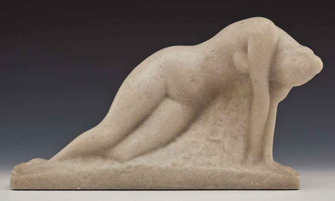 Vincent Glinsky (American, 1895-1975): DESCRIPTION: Vincent Glinsky (American, 1895-1975). Carved marble composition sculpture. Reclining nude. Circa 1940. Incised signature at base "Vincent Glinsky". MEASUREMENTS: 11-3/4" x 2-3/4" x 7". C
