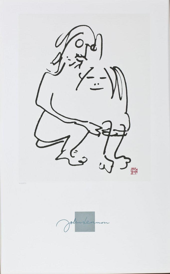 John Lennon Ltd. Edition Lithograph: DESCRIPTION: John Lennon Limited Edition lithograph. Depicts John Lennon and Yoko Ono. Red seal mark in lower right corner of lithograph. Numbered below image in pencil "4413/5000". Embossed and marke