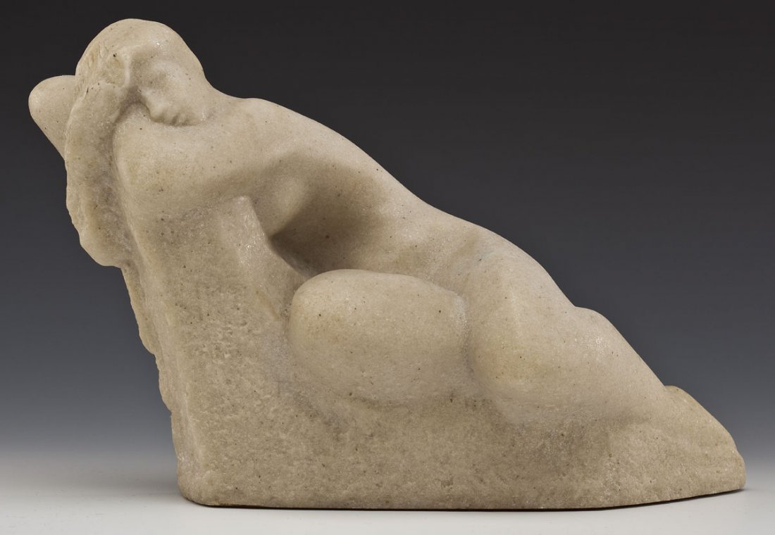Vincent Glinsky (American, 1895-1975): DESCRIPTION: Vincent Glinsky (American, 1895-1975). Caved marble composition sculpture. The Dreamer. Incised signature at base "V. Glinsky" with incised copyright symbol at back base. MEASUREMENTS: 11