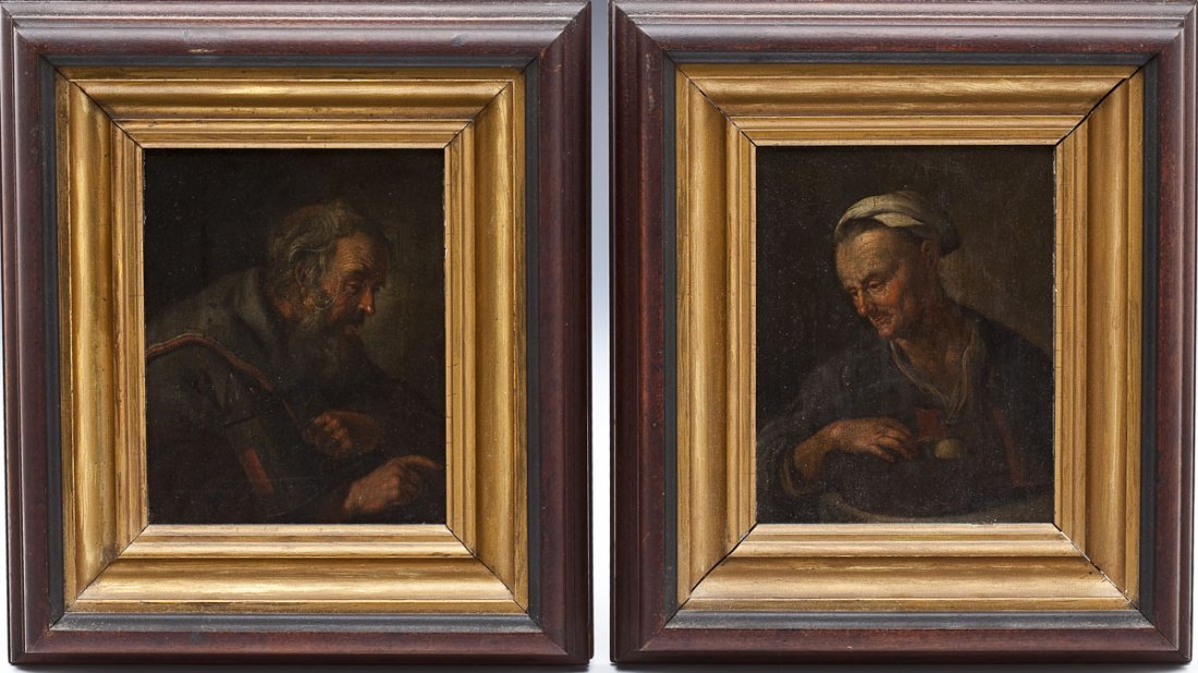 2 Small Old Master Style Portraits: DESCRIPTION: Two Old Master style portrait paintings. Oil on board. Portraying a man with bowl of fruit and a man with lantern. Unsigned. 18th/19th century. Housed in matching carved wood frames with 