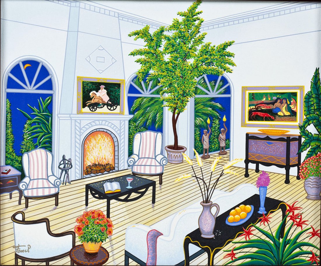 Francois 'Fanch' Ledan (French, 1949 - ): DESCRIPTION: Francois 'Fanch' Ledan (French, 1949 - ). Serigraph in color with hand embellishment on canvas. Interior with Monet & Gauguin, 2002. Signed in ink in the lower left corner. In a black and