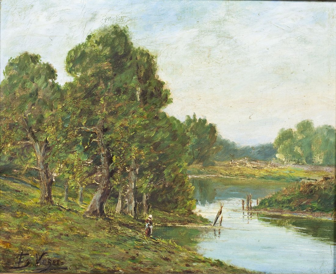 Continental School (19th Century): DESCRIPTION: Continental School (19th Century). Oil on canvas. Landscape with a woman by a body of water. Signed in lower left corner "E. Veret". In an ornate wood and gesso, gold painted frame. MEASU