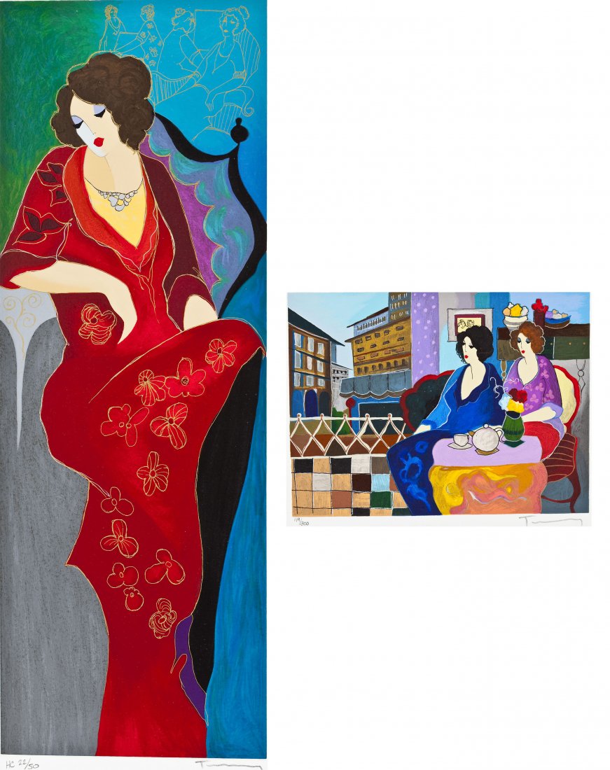 Itzchak Tarkay, (Israel/Serbia, 1935-2012): DESCRIPTION: Itzchak Tarkay, (Israel/Serbia, 1935-2012). Two serigraphs in color on wove paper. Tea at Dusk, 2004. Numbered and signed in pencil, "119/300" and "Tarkay". Lady in Red III, 2003. From th