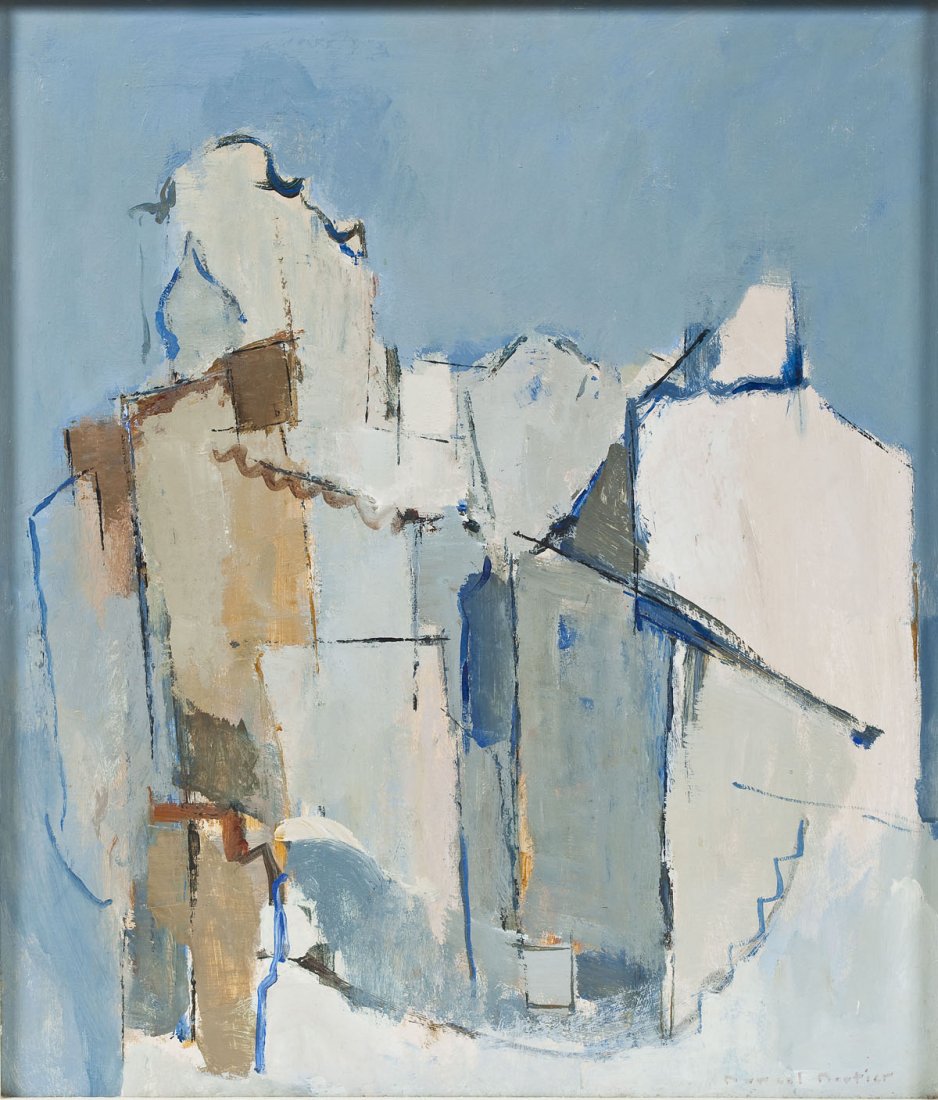 Continental School (20th Century) Abstract: DESCRIPTION: Continental School (20th Century). Oil on board. Abstract composition in blues, whites, and tans. Signed illegibly in the lower right corner. In a painted white wooden frame. MEASUREMENTS