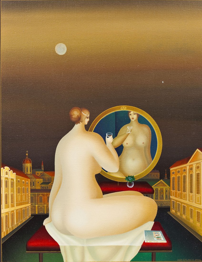 Igor Galanin (Russian, 1937- ): DESCRIPTION: Igor Galanin (Russian, 1937- ). Oil on canvas. Nude on a bench in an architectural landscape, positioned in front of a mirror with a glass of champagne in hand, and the Yale Literary Maga