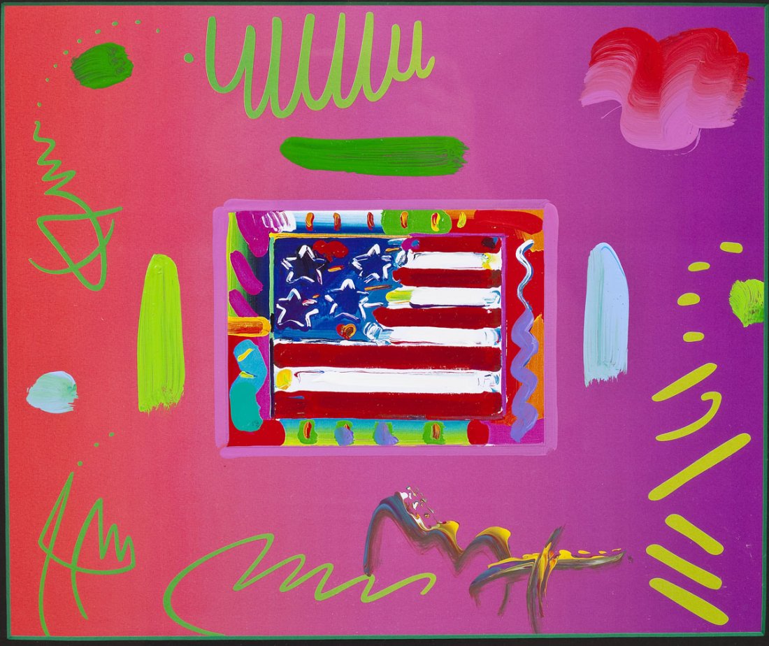Peter Max (American/German, 1937 - ): DESCRIPTION: Peter Max (American/German, 1937 - ). Serigraph with acrylic embellishments. Flag with Heart. Signed in acrylic paint by artist. Matted under black matting in black acrylic frame. Peter M