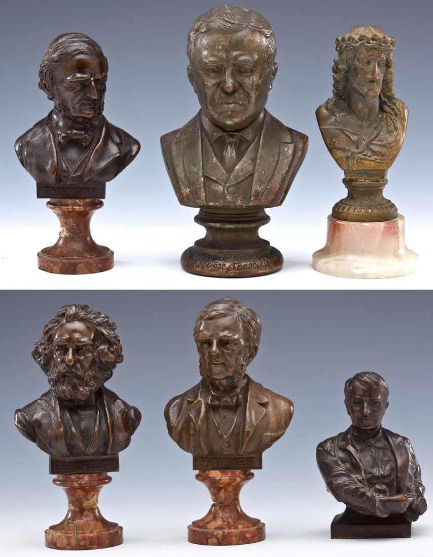 Group of 6 Miniature Busts: DESCRIPTION: Group of six miniature busts. Includes: 1) Set of three literary figures busts made by AC McClurg & Co of Holmes, Longfellow, and Emerson, each marked on the back "Copyright 1897 AC McClu