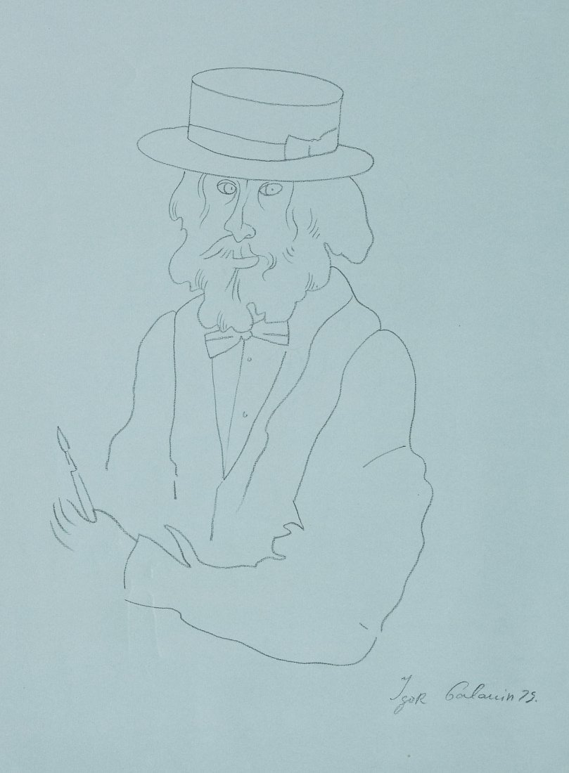 Igor Galanin (Russian, 1937- ): DESCRIPTION: Igor Galanin (Russian, 1937- ). Charcoal self portrait in hat on blue cotton laid paper with deckle edge. Signed in charcoal at lower right "Igor Galanin 75.". Watermark on paper "Strathm