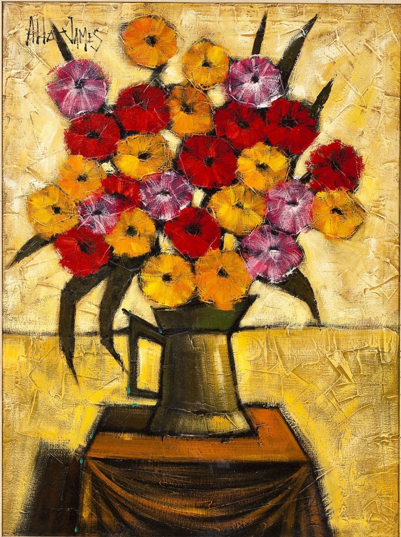 Continental School (20th Century): DESCRIPTION: Continental School (20th Century). Oil on canvas. Still life of flowers in a water pitcher on a table. Signed in upper right corner. "...James". In a gold and black painted wooden frame w