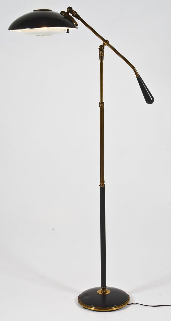 Mid-Century Thurston Lightolier Floor Lamp: DESCRIPTION: Gerald Thurston for Lightolier articulating saucer floor lamp in brass and black. Circa 1940's. MEASUREMENTS: Approximately 62" high. CONDITION: Minor wear as expected with age and use. M