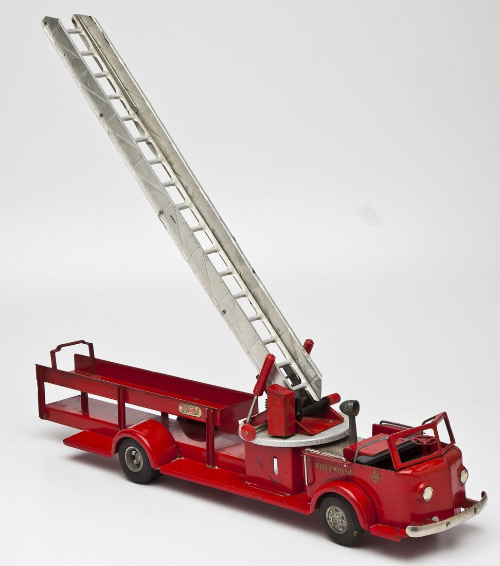 Doepke Model Toys Ladder Truck: DESCRIPTION: Doepke Model Toys Rossmoyne ladder truck. MEASUREMENTS: 33". CONDITION: Unrestored. Missing parts.