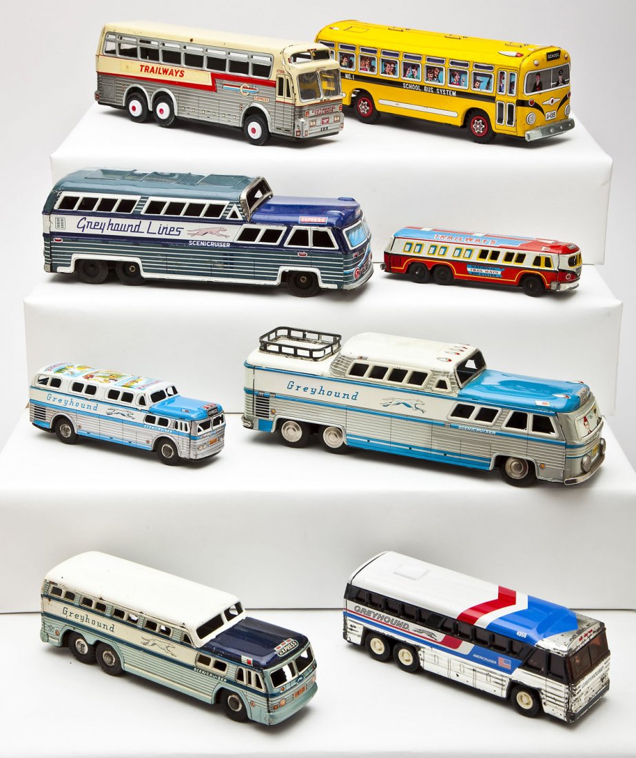 8 Tin Litho Buses: DESCRIPTION: Eight tin litho buses including two Trailways, school bus, four Grayhounds, and PA Turnpike Grayhound. MEASUREMENTS: Each 7-11". CONDITION: All fair to good condition.