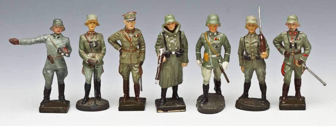 7 Elastolin & Lineol German Toy Soldiers: DESCRIPTION: Elastolin and Lineol German Composition lot of seven German toy soldiers, all officer corps, General Staff, and headquarters staff. Includes beautiful personality figure, General Blomberg