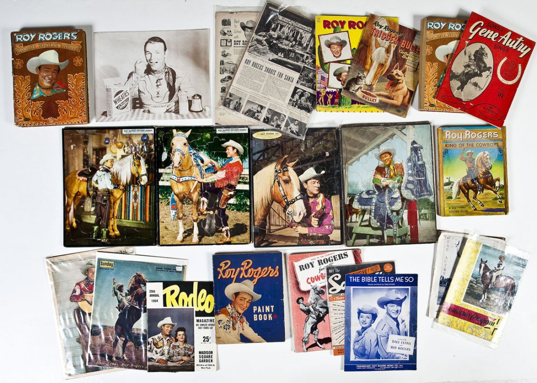Roy Rogers Ephemera & Puzzles: DESCRIPTION: Collection of Roy Rogers ephemera and puzzles. Includes souvenir programs, paint and coloring books, sheet music, magazines, books, pages, paper doll book, pages from magazines, and four 
