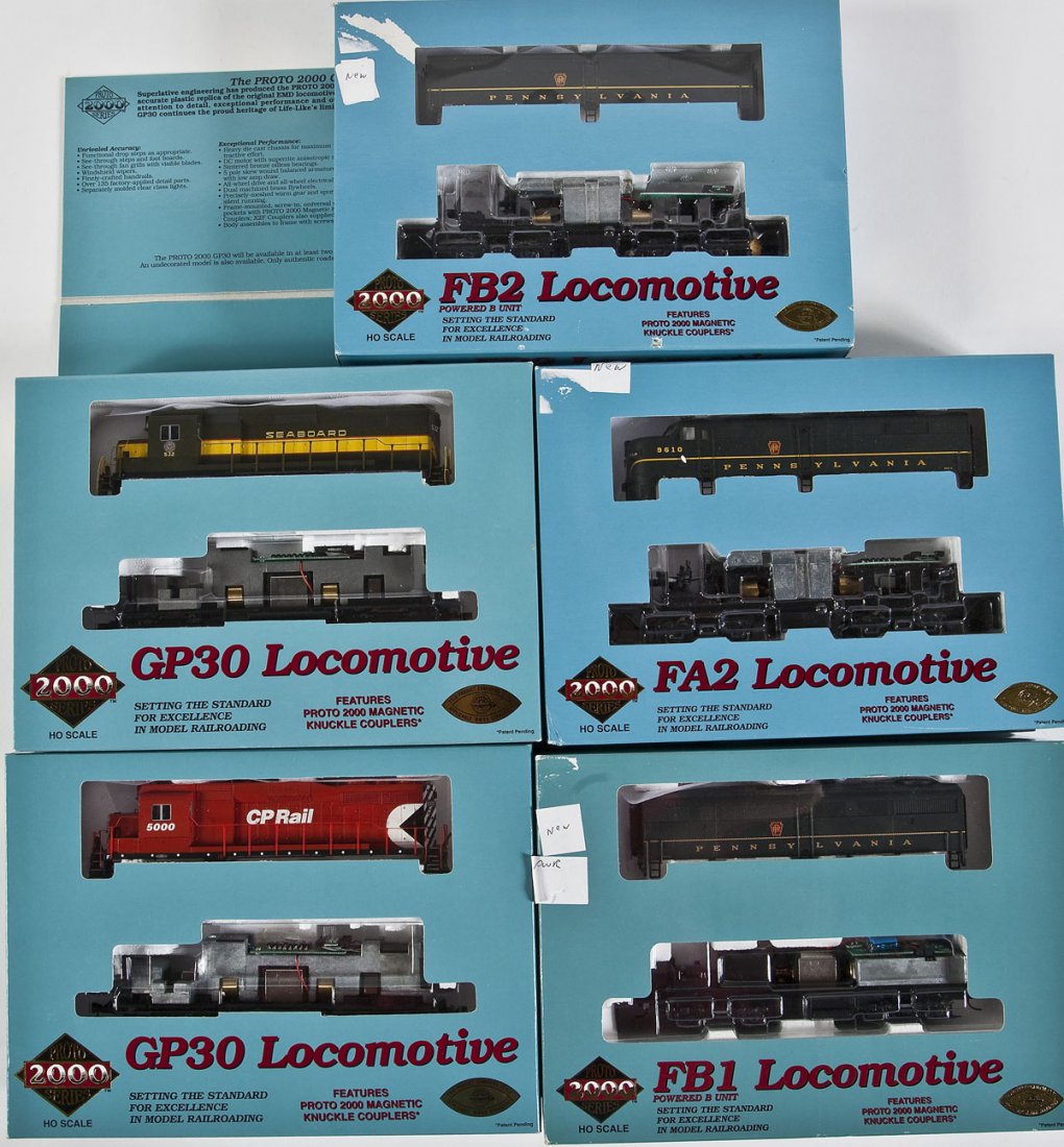 5 Proto 2000 Series Diesel Locomotives: DESCRIPTION: Five Proto 2000 Series diesel locomotives. Including: PRR no number, PRR #9610, PRR #9610B, SAL #532, and CP #5000. CONDITION: Appear unused in original boxes.