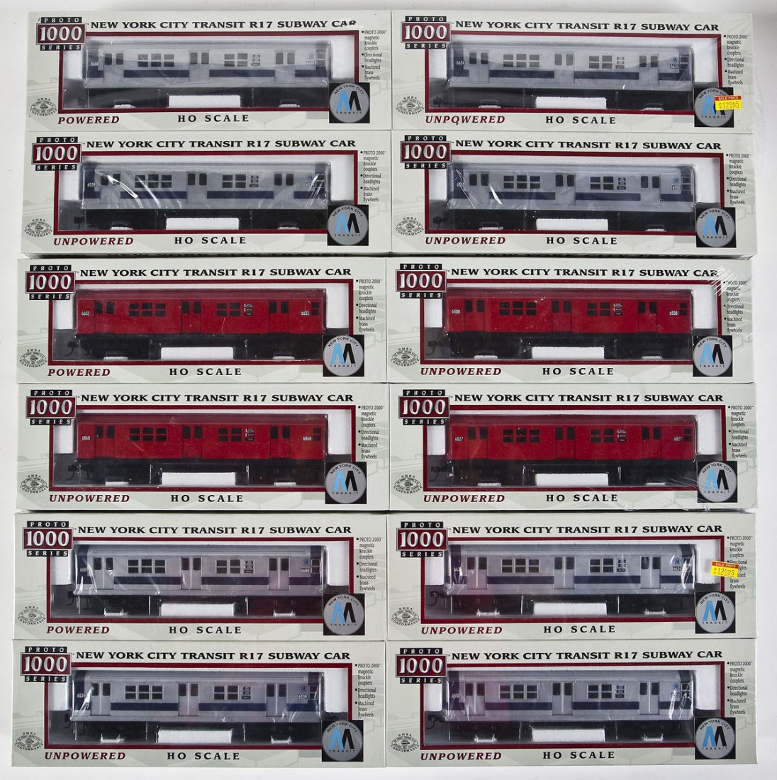 3 Proto 1000 Series 4 Pack NYC R17 Subway Cars: DESCRIPTION: Three Proto 1000 Series 4 pack NYC Transit R17 subway cars. CONDITION: Unused in original boxes.
