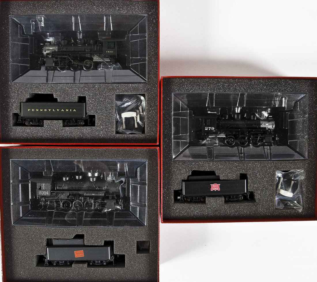 3 Proto 2000 Steam Collection Locomotives: DESCRIPTION: Three Proto 2000 Steam Collection locomotives. Including: RI #279, CN #8384, and PRR #7641. CONDITION: Appear unused in original boxes.