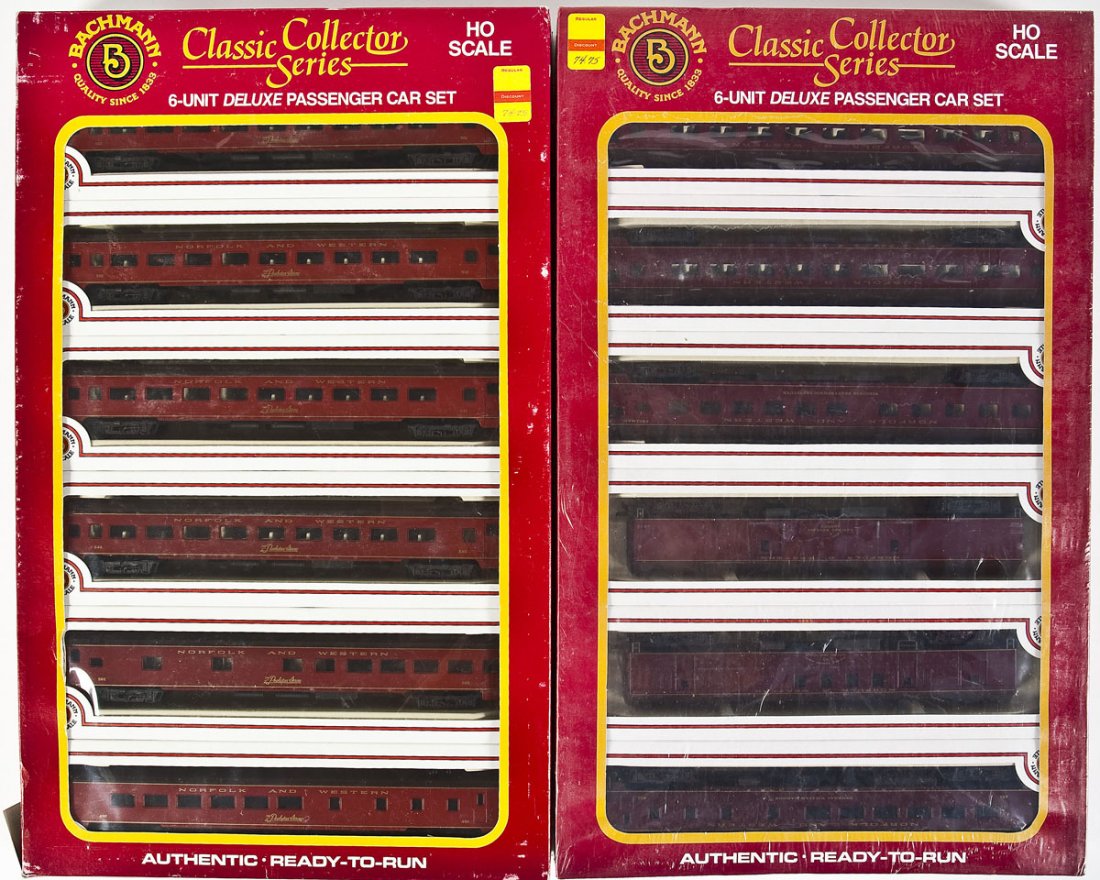 2 Bachmann Classic Collector Series N&W Car Sets: DESCRIPTION: Two Bachmann Classic Collector Series N&W 6-unit deluxe passenger car sets. Including: Series 1 and Series 2. CONDITION: Appear unused in original boxes.