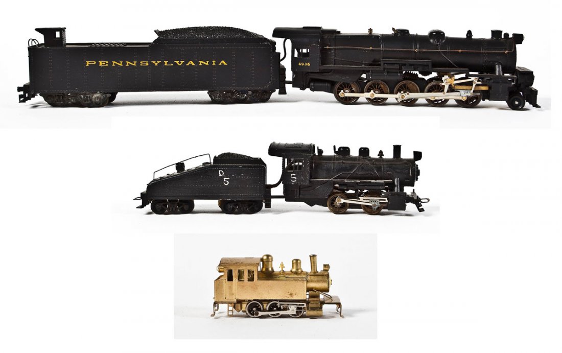 3 Brass Locomotives & Tenders: DESCRIPTION: Three brass locomotive and tenders. Two painted. Including: PRR #4936. CONDITION: Run with overall wear.