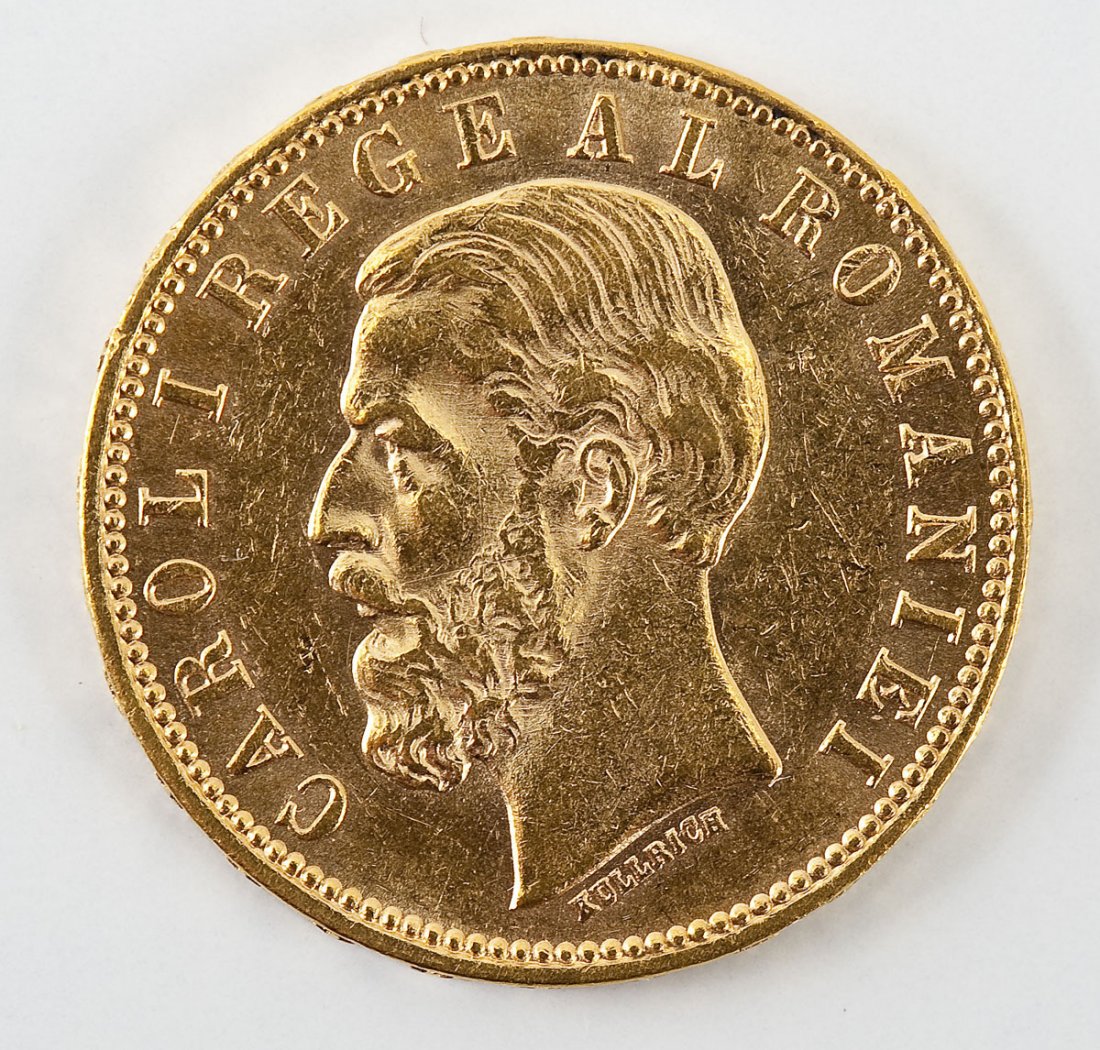 1890B Romanian Gold 20 Lei: DESCRIPTION: 1890B Romanian .900 gold 20 lei. Obverse with Carol I facing left. MEASUREMENTS: 6.4516 grams. Actual gold weight .1867 ounce. CONDITION: Appears Uncirculated with some luster and light b