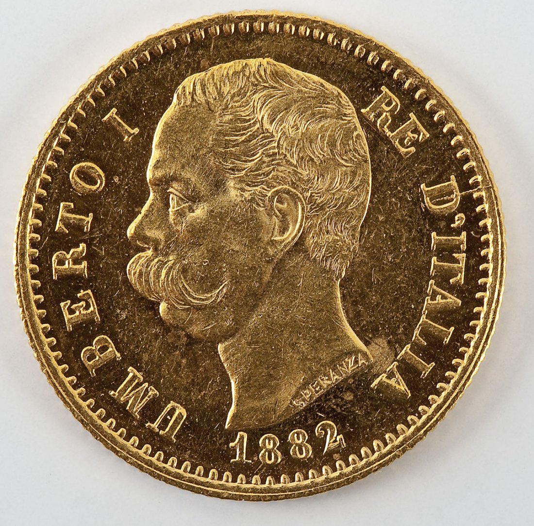 1882R Italian Gold 20 Lire: DESCRIPTION: 1882R Italian .900 gold 20 lire. Obverse with Vittorio Umberto I facing left. MEASUREMENTS: 6.4516 grams. Actual gold weight .1867 ounce. CONDITION: Appears Uncirculated with some bag mar