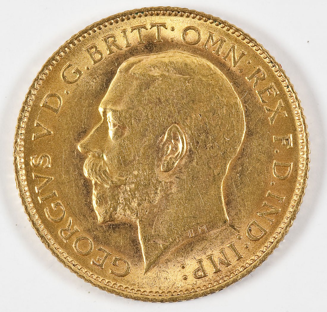 1913 British Gold Half Sovereign: DESCRIPTION: 1913 British .917 gold half sovereign. Obverse with George V facing left. Reverse with St. George and the dragon. No mint mark. MEASUREMENTS: 3.9940 grams. Actual gold weight .1177 ounce.