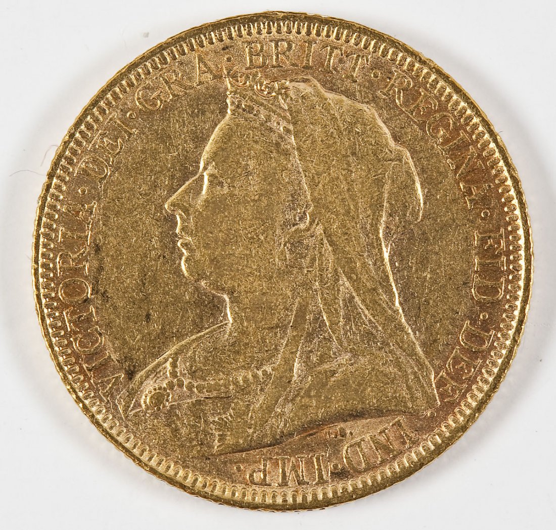 1893 British Gold Sovereign: DESCRIPTION: 1893 British .917 gold sovereign. Obverse with Victoria old head facing left. Reverse with St. George and the dragon. No mint mark. MEASUREMENTS: 7.9881 grams. Actual gold weight .2355 ou