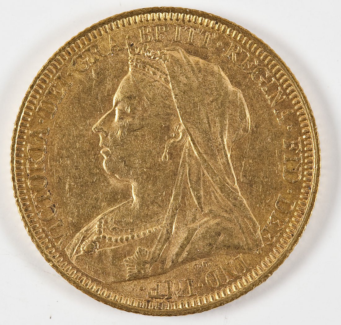 1893 Australian Gold Sovereign Sydney: DESCRIPTION: 1893 Australian .917 gold sovereign. Obverse with Victoria old head facing left. Reverse with St. George and the dragon and mint mark for Sydney. MEASUREMENTS: 7.9881 grams. Actual gold w