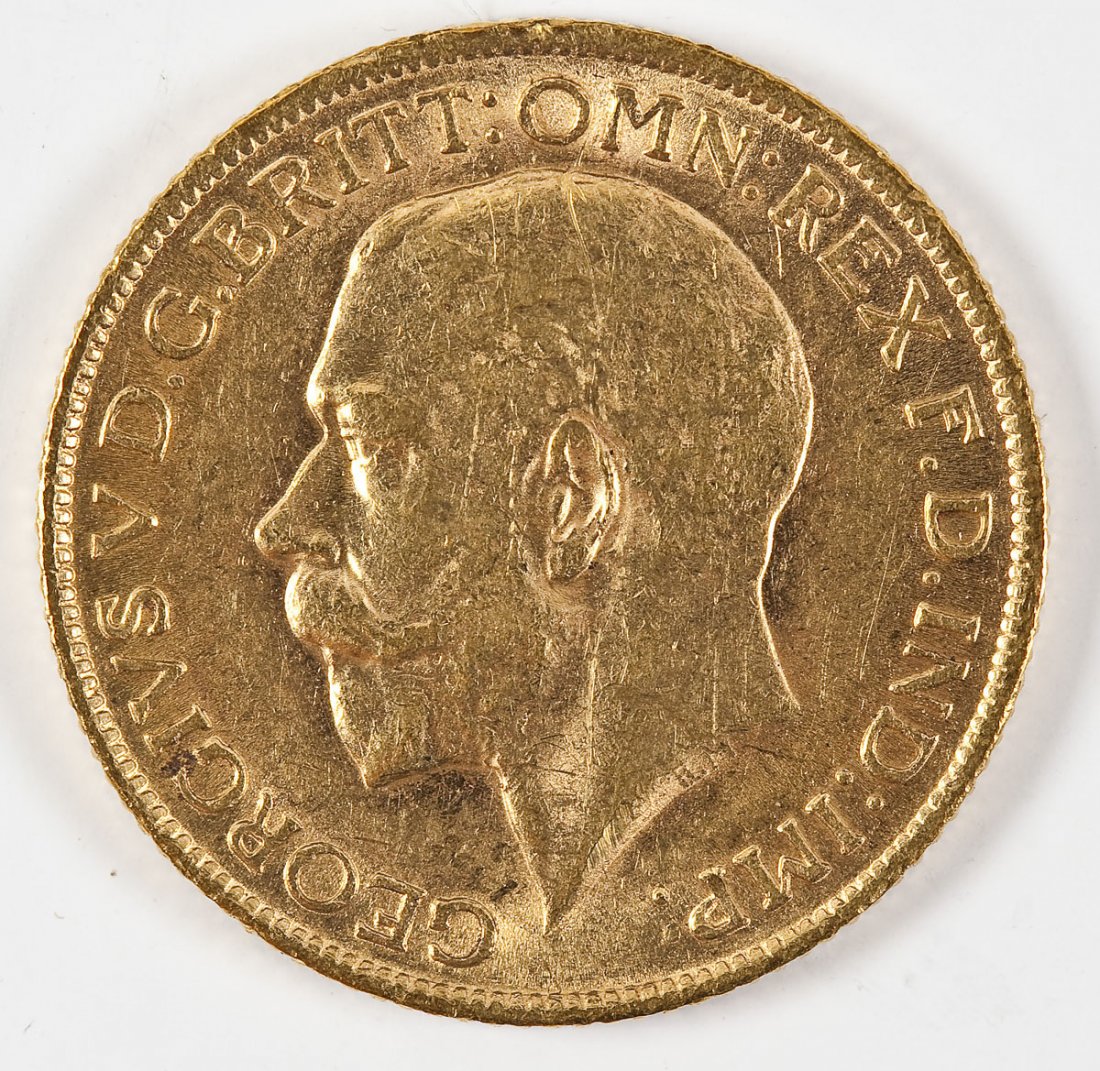 1913 British Gold Sovereign: DESCRIPTION: 1913 British .917 gold sovereign. Obverse with George V facing left. Reverse with St. George and the dragon. No mint mark. MEASUREMENTS: 7.9881 grams. Actual gold weight .2355 ounce. COND