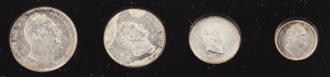 1831 William IV Maundy Set: DESCRIPTION: 1831 William IV maundy set. CONDITION: Appears About Uncirculated to Uncirculated. Three pence with some light discoloration to both sides. Four pence with dark spot on reverse field.