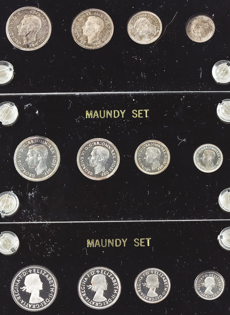 3 Maundy Sets 1946, 1952, 1990: DESCRIPTION: Three Maundy sets. Includes one 1946 George VI, one 1952 George VI and one 1990 Elizabeth II. CONDITION: Appear Uncirculated. 1946 with toning.