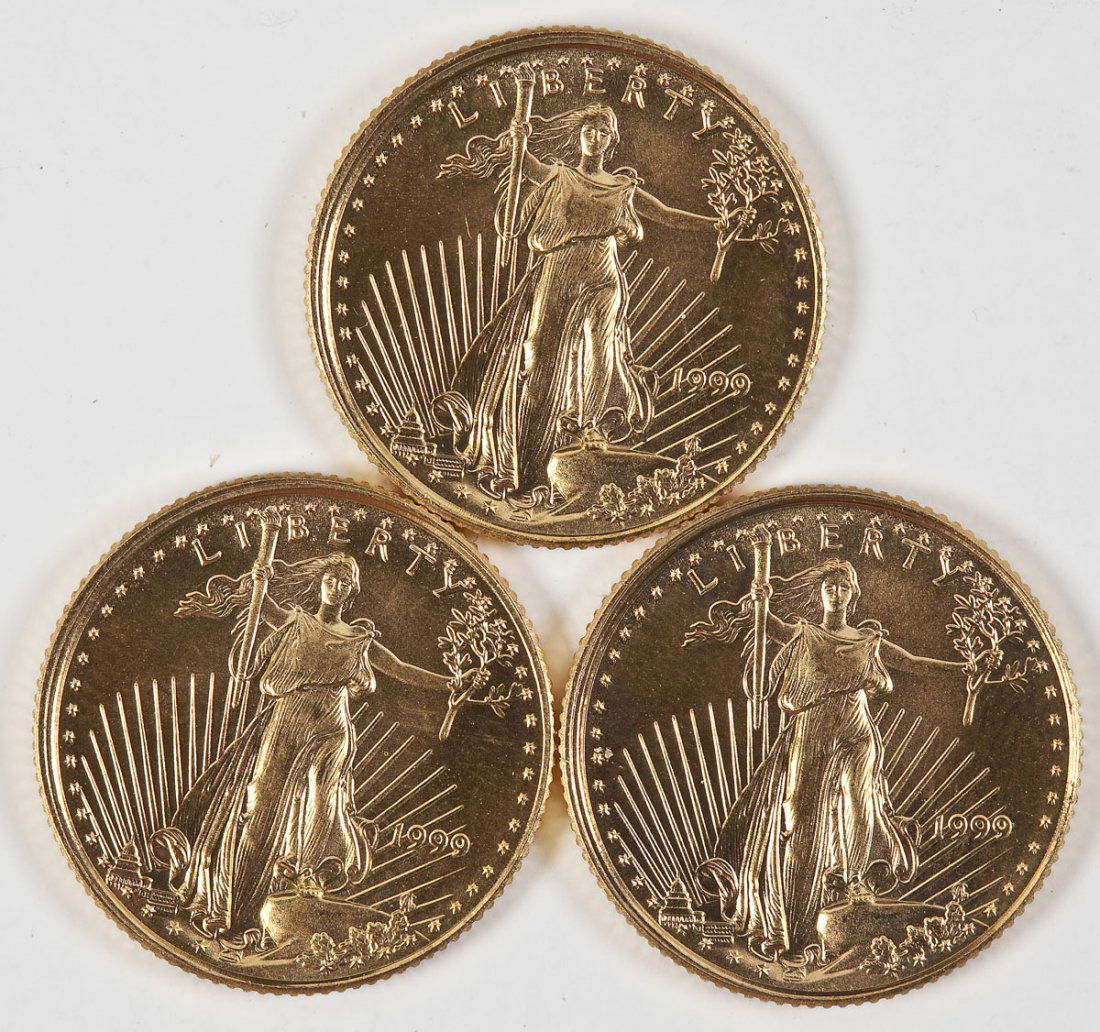 3 1999 1/10 Oz $5.00 American Eagles: DESCRIPTION: Three 1999 1/10 ounce $5.00 American Eagle gold coins. CONDITION: Uncirculated.