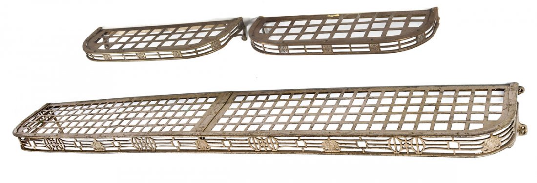 3 Unusual Train Shelves: DESCRIPTION: A large, very fine and unusual Art Noveau bracket shelf removed from the interior of a Pullman sleeper car. The painted iron shelf consisting of various curved and straight elements with 